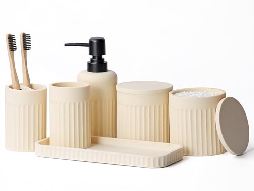 INIUNIK Bathroom Accessory Set - 6 Pieces Bathroom Accessories Set Complete with Soap Dispenser, Toothbrush Holders, Tumbler, Vanity Tray and 2 Qtip Holder for Home Organizer and Decor, Beige - color: Beige