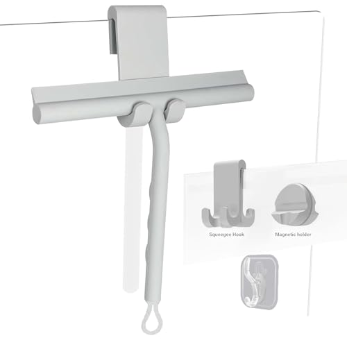 Squeegee for Shower Glass Doors, Resilient Loop - No-Drill & Adhesive Hook, Silicone Shower Squeegee with Stainless Steel Core, Cleaning Tool for Home, Kitchen, Bathroom & Car - Grey - color: Gray, size: with loop