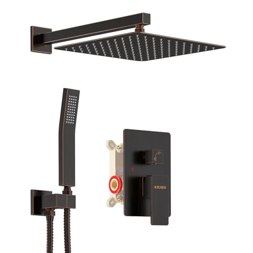 KOJOX Oil Rubbed Bronze Shower System with High Pressure 10 Inch Rainfall Shower Head, Handheld Shower head and Shower Faucet Trim valve, Bathroom Luxury Rain Mixer Shower Set Wall Mounted - color: Oil Rubbed Bronze, size: 10''