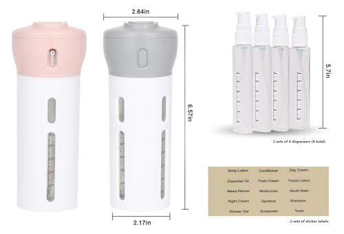 Travigo 4-in-1 Travel Dispenser Bottle Set, TSA Approved, Leak Proof, Reusable 1.4 oz. (40 mL) Toiletry Containers for Shampoo, Conditioner, Soap, Lotion, Skincare (2 Pack, Pink & Gray) - color: 2 Pack (Pink Gray)
