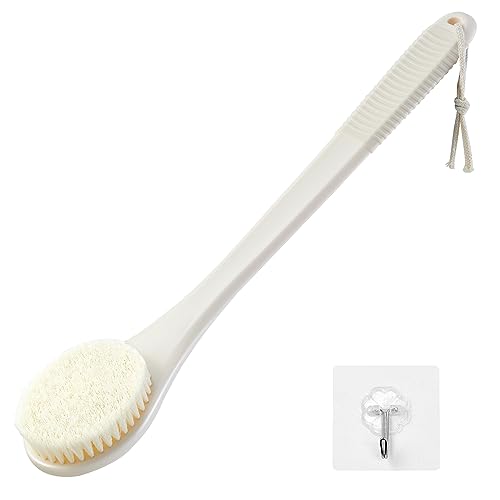 Back Scrubber for Shower, Shower Body Brush for Cleaning with Long Handle for Showering, 17 Inch Back Washer Exfoliator for Shower Men Women with Non-Slip Handle, Adhesive Hook (Cream White) - size: Cream White - Artificial Bristles