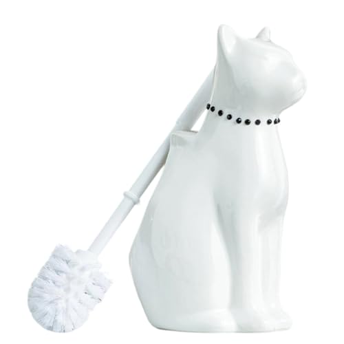 Comeon Ceramic Cat White/Black Toilet Brush and Holder Set, Plastic Handled Scrub Brush for Bathroom Cleaning,10.63"*6.3" (White) - color: White, size: Cat