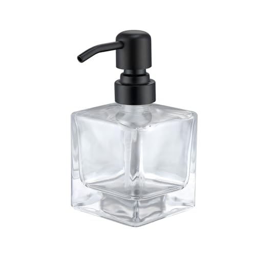 Square Bathroom Soap Dispenser Black, 8.4 oz Glass Bottles with Stainless Steel Pump Cube Liquid Hand Soap Dispenser Kitchen - color: Black, size: 8.4oz-Square