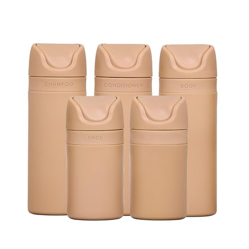 RIES Essential Refillable Toiletry Travel Bottles Airless Pump Set | TSA Approved, Leak Proof Airless Pump, BPA Free Recycled Plastic, 5 Piece Sand Color Set, Dishwasher Safe - color: Sand