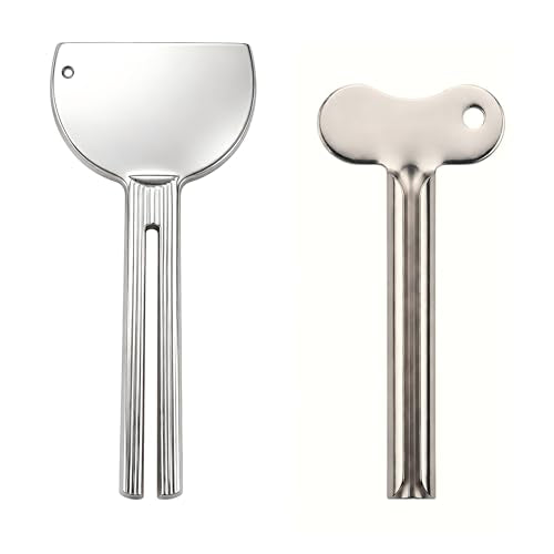 2-in-1 Stainless Steel Toothpaste Squeezer Set, Metal Tube Key & Spatula Scraper, Reusable Tube Wringer Roller Dispenser Tool for Toothpaste, Ointment, Cream, Paint, Cosmetic (2 Pack, Silver)