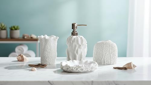 Hymmah Bathroom Accessories Set,Coral Seashell Design Toothbrush Holder,Farmhouse Bathroom Decor,4 Pcs Resin Gift Set Apartment Necessities, Contain Toothbrush Cup,Soap Dispenser,Soap Dish,Tumbler - color: Seashell White