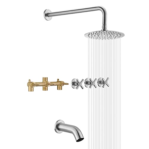 SUMERAIN 3 Handle Tub and Shower Faucet Set Brushed Nickel | with Brass Rough in Valve, High Flow, Waterfall Tub Spout, 8" Stainless Steel Rain Shower Head - color: Brushed Nickel