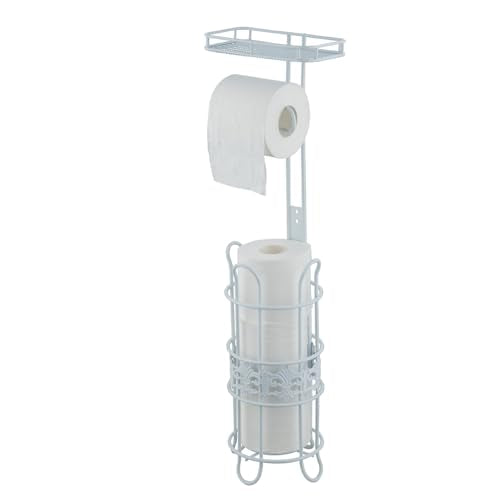 Toilet Paper Holder Free Standing, Adjustable Height, Tissue Paper Roll Dispenser with Shelf for Bathroom Storage Holds Reserve Mega Rolls White - color: White