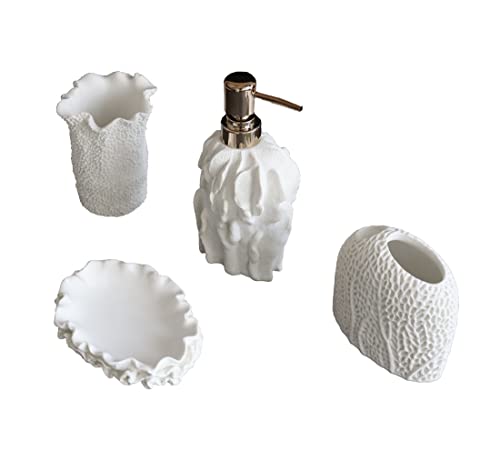 Hymmah Bathroom Accessories Set,Coral Seashell Design Toothbrush Holder,Farmhouse Bathroom Decor,4 Pcs Resin Gift Set Apartment Necessities, Contain Toothbrush Cup,Soap Dispenser,Soap Dish,Tumbler - color: Seashell White