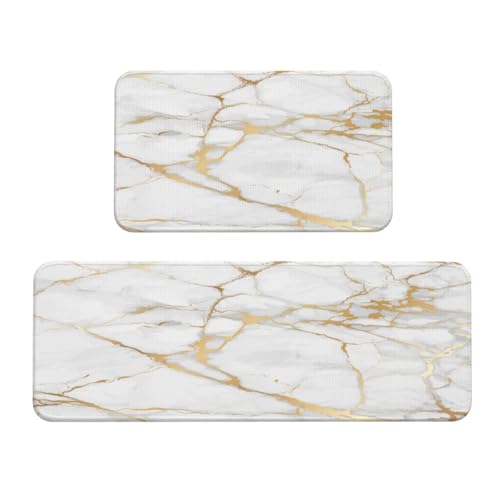 White Marble Print Kitchen Rugs Microfiber Floor Mats Marbling Cushioned Carpet Runner Rug for Laundry Bathroom Living Room, 2 Piece Set 17"X 47" + 17"X 30" - color: White Marble Print