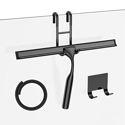 Black Shower Squeegee for Glass Door 12-Inch Bathroom Squeegee Window Wiper, with Shower Door Hook, Adhesive Hook, Spare Silicone Blade for Window Mirror Car All-Purpose Squeegee - color: Black, size: 12-inch