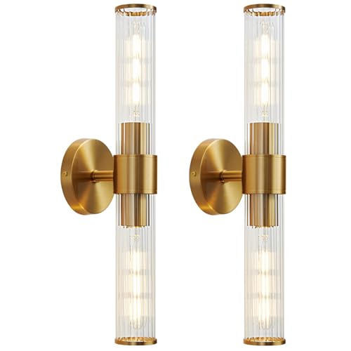 Gold Bathroom Light Fixtures 2 Pack, Hardwired Vanity Lights for Mirror with Threaded Glass Shade, 20 Inch Up and Down Wall Sconces for Bathroom Bedroom Living Room, Bulb Not Included - color: Gold-B, 2Pack