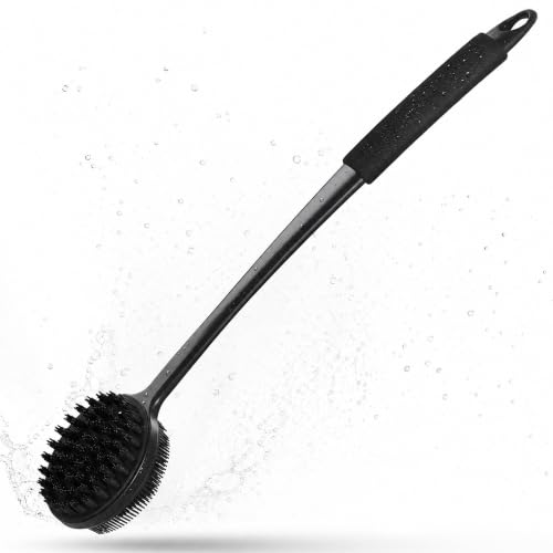 Silicone Back Scrubber for Shower, 17" Lengthen Long Handle Body Brush, Double Sided Shower Brush for Shower Exfoliating and Massage, Can Produce Rich Foam, Non Slip Grip Back Scrubber for Men - color: Black