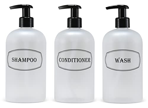 16 oz Plastic Shampoo Conditioner Wash Dispensers (Frosted) | pump bottles, lotion pumps, high-viscosity, clear matte finish, shower containers - color: Clear/White/Black