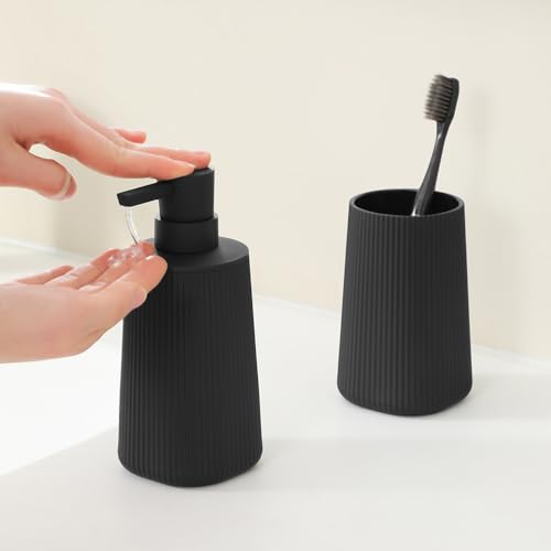 YAUKPH Bathroom Accessories Set 2 Piece Soap Dispenser and Toothbrush Holder for Bathroom Countertop Striped Black - color: Striped Black
