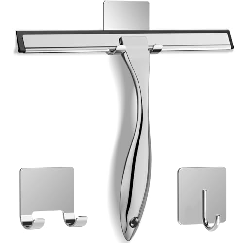 All-Purpose Stainless Steel Shower Squeegee for Shower Glass Door with 2 Adhesive Hooks, Bathroom Cleaner Tool Household Window Mirror Squeegee , Cleaning Tile Wall, Car, 10 Inch Silver - color: Silver, size: 10 Inch