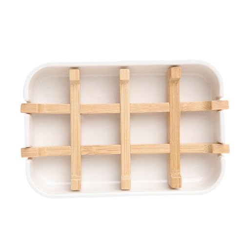Bamboo Fiber Soap Holder & Dish Combination, White | Bathroom Bar Soap Holder, Sink Deck, Bathtub, Shower Tray - color: White