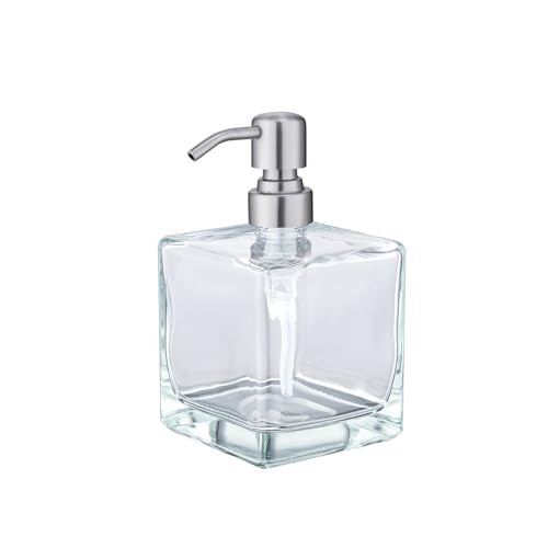 Square Bathroom Soap Dispenser Brushed Nickel, Large Capacity 16.9 oz Glass Bottles with Stainless Steel Pump Retangle Cube Liquid Soap Dispenser Kitchen - color: Brushed Nickel, size: 16.9oz-Square
