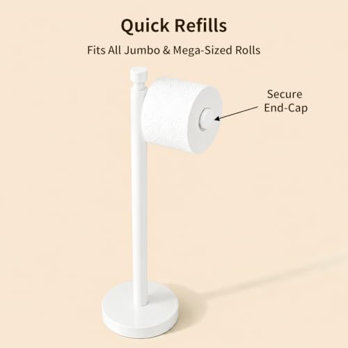 YUMORE Toilet Paper Holder Stand with Weighted Base, Matte White | Stainless Steel Design with Open-Arm Access for Bathrooms and Powder Rooms - color: White