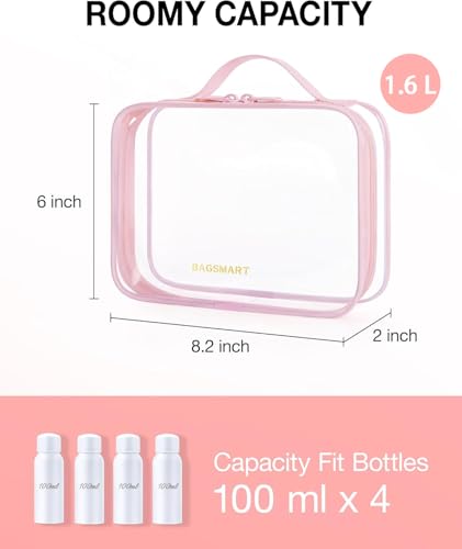BAGSMART Clear Toiletry Bag, TSA Approved Travel Toiletry Bag Carry On Travel Accessories Bag Airport Airline Quart Size Bags water-resistant Makeup Bag for Women - color: Clear Pink-with handle+180° open, size: 3 Pack, Medium