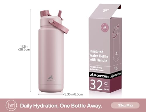 POWCAN 32 oz Insulated Water Bottle with 2-in-1 Straw and Spout Lid, Keep Cold 24H, Leak-Proof, BPA-Free, Double Wall Stainless Steel Water Bottle for Sports, Gym, Travel, and School (Dried Rose) - color: Dried Rose, size: 32 Ounces
