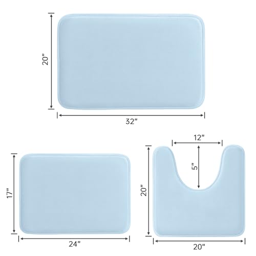 HUXMEYSON Bathroom Rugs Sets 3 Piece, Ultra Soft Velvet Memory Foam Bath Rugs, Non-Slip & PVC Backing Bathroom Mat Set, Washable Quick Dry Bath Rug - Light Blue - color: Light Blue, size: 17"x24"+20"x32"+U Shape 20"x24"