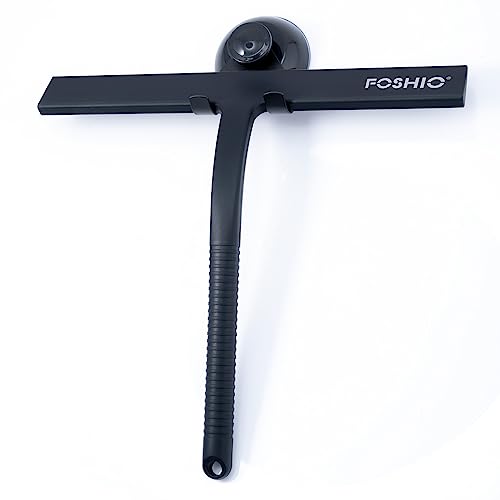 FOSHIO Shower Squeegee for Glass Doors with Suction Cup, Silicone Squeegee for Window Cleaning, Small Squeegee for Shower Glass Door, Window Squeegee with Stainless Steel Non-Slip Handle (Black)