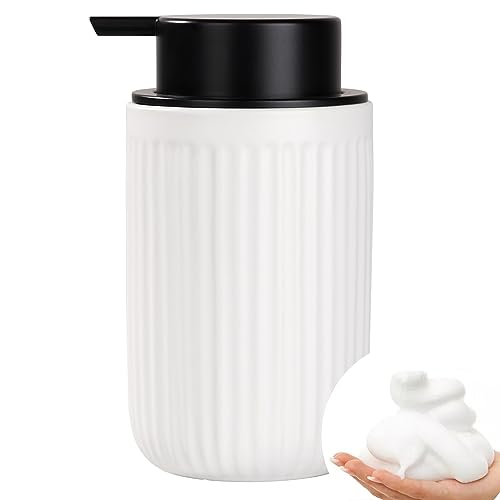 BosilunLife Foam Hand Soap Dispenser - White Ceramic Foaming Soap Dispenser for Bathroom 12oz Refillable Liquid Lotion Soap Dispenser with Rust-Proof foaming Pump for Countertop - color: White Foam Pump