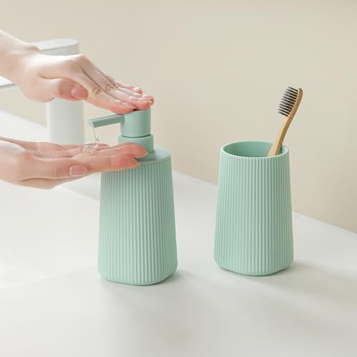 YAUKPH Bathroom Accessories Set 2 Piece Soap Dispenser and Toothbrush Holder for Bathroom Countertop Striped Green - color: Striped Green