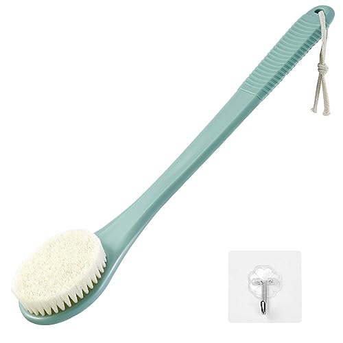 Back Scrubber for Shower, Shower Body Brush for Cleaning with Long Handle for Showering, 17 Inch Back Washer Exfoliator for Shower Men Women with Non-Slip Handle, Adhesive Hook (Pea Green) - size: Pea Green - Artificial Bristles