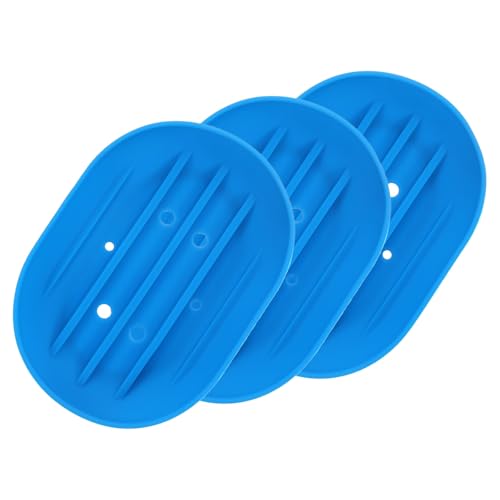uxcell 3Pcs Small Soap Dish, Silicone Bathroom Soap Holder Oval Shape Bar Soap Dish Self-Draining Soap Tray with Holes for Shower, Bathroom, Kitchen, Counter Top (Blue) - color: Blue