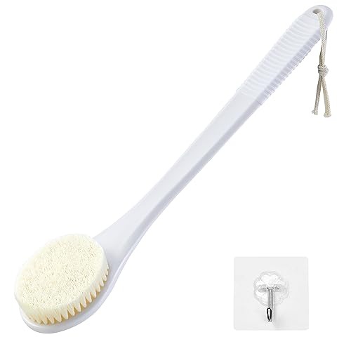 Back Scrubber for Shower, Shower Body Brush for Cleaning with Long Handle for Showering, 17 Inch Back Washer Exfoliator for Shower Men Women with Non-Slip Handle, Adhesive Hook (White) - size: White - Artificial Bristles