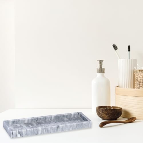 Bey-Berk Marble Bath Tray in Cloud Grey, 14.25" Slim Vanity Organizer, Serene Stone Accent - color: Gray