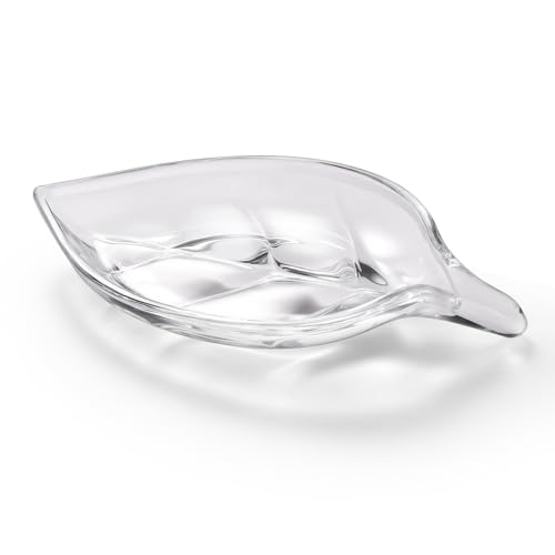 Self Draining Leaf Clear Glass Soap Dish,Bar Soap Holder | Decorative Leaf shape Soap Dish for Shower,Soap Tray,Soap Holder for Bathroom Sink,Vanity&Kitchen,Modern Bathroom Accessory.