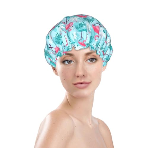 Pink Flamingos Shower Cap For Women Reusable Waterproof Double Layers Bath Cap Hair Protection Elastic Ladies Spa Salon Shower Hat - color: Pink Flamingos