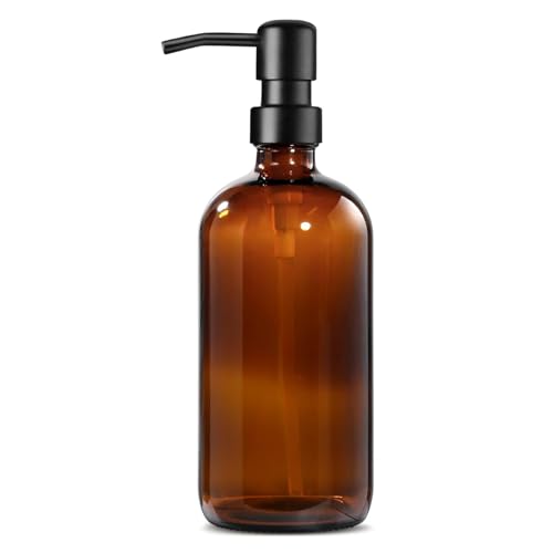 GMISUN Amber Glass Soap Dispenser, 1 Pack Dish Soap Dispensers for Kitchen with Rustproof Stainless Steel Pump, 17 Fl Oz Bathroom Hand Soap Dispenser, Brown Liquid Dishwashing Dispensers Bottle - color: Amber Bottle + Black Pump, size: 1 Pack