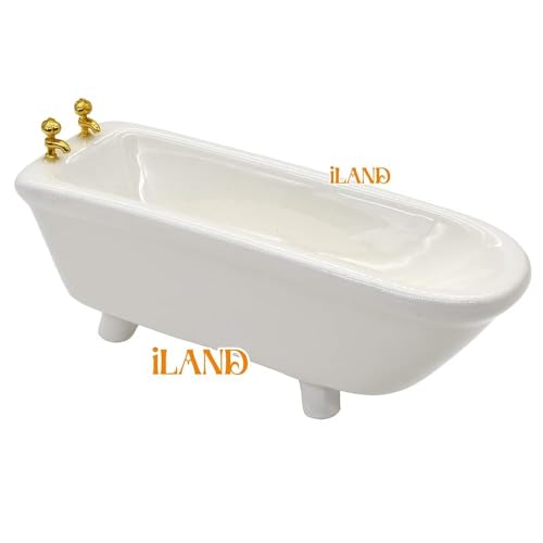 iLAND Dollhouse Furniture and Accessories 1/12 Scale of Dollhouse Bathroom Set incl Ceramic Dollhouse Toilet & Bathtub & Wooden Bathroom Cabinet with Sink (Modern 7pcs)
