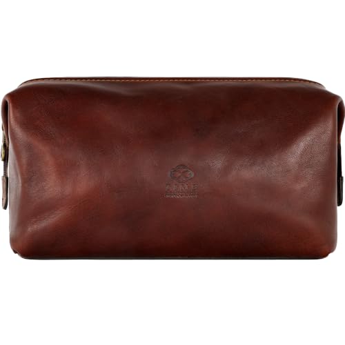 Time Resistance Leather Toiletry Bag - Italian Cosmetic Case Dopp Kit (Brown) - color: Brown