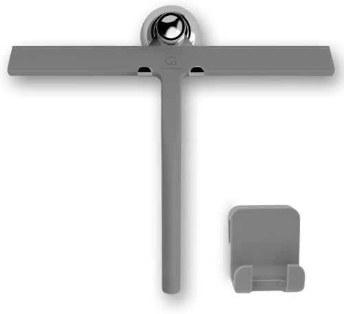 GÜTEWERK Silicone Shower Squeegee for Glass Doors & Mirrors with Stainless Steel Core, Streak-Free & No-Squeak Window Cleaning, 3-in-1 No-Drill Mount (Hook/Suction/Adhesive),Gray, 11 Inches - color: Gray, size: 11 Inches