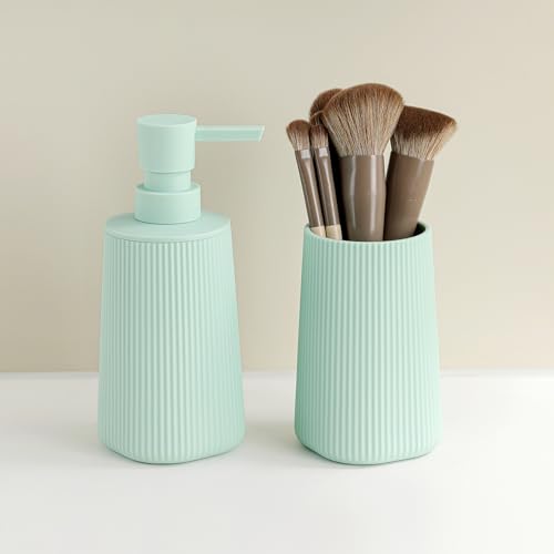 YAUKPH Bathroom Accessories Set 2 Piece Soap Dispenser and Toothbrush Holder for Bathroom Countertop Striped Green - color: Striped Green