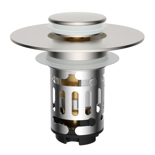 Hibbent Upgraded 3 in 1 Bathroom Sink Drain Strainer, Universal Pop Up Stopper with Removable Stainless Steel Filter Basket Hair Catcher, Sink Plug for 1.1''~2.36'' Basin, Brass Core, Brushed Nickel - color: Brushed Nickel