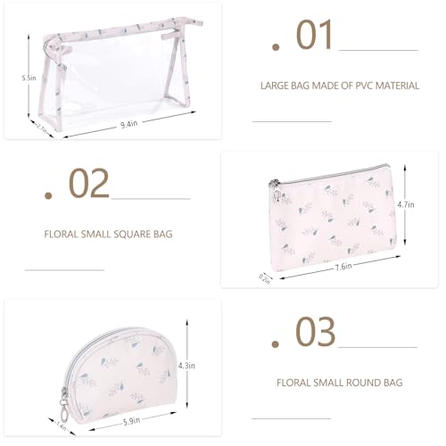 Richeart Makeup Bag, Clear Bag with Zipper, 3PC Floral Flowers Makeup Pouch, Waterproof Small Pouch, Portable Travel Toiletry Bag, E - style: E