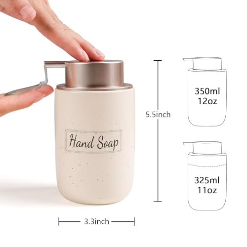 BosilunLife Apricot Soap Dispenser Set - 2 Pack 12oz Ceramic Dish Soap Dispenser with Rust Proof Pump for Kitchen, Hand Soap and Lotion Set Suitable for Farmhouse Bathroom Decor with Waterproof Labels - color: Apricot-liquid Pump