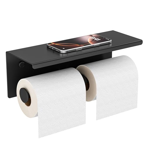 FORIOUS Double Toilet Paper Holder with Shelf, Wall Mount Tissue Roll Holder for Bathroom, 304 Stainless Steel Commercial Toilet Tissue Dispensers with Phone Shelf (1, Matte Black) - color: Matte Black