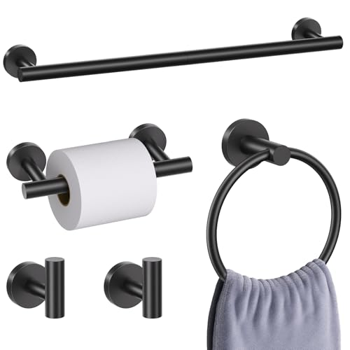 5 Pieces Matte Black Bathroom Hardware Accessories Set, Bathroom 23.6 Inch Towel Bar Set Stainless Steel Toilet Paper Holder Round Towel Racks for Bathroom Wall Mounted - color: Matte Black, size: 5 Pieces A