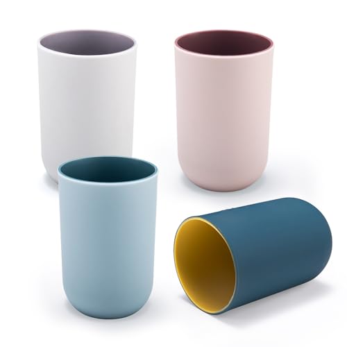 4 Pieces Plastic Bathroom Tumblers, PNDID Unbreakable Toothbrush Cup, Plastic Mouthwash Cup Toothbrush Holder (Light Gray, Dark Blue, Light Pink, Light Blue)