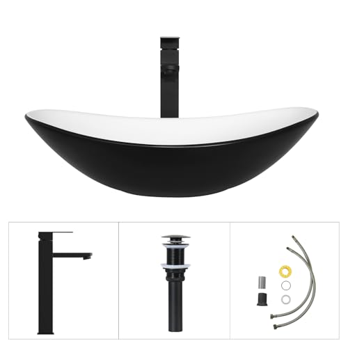 48 inch Barn Door Bathroom Vanity with 6 Drawers, Farmhouse Style Standing Pedestal Cabinet with Two Black and White Ceramic Boat Sink - color: Black and White Ceramic Boat Sink, size: 48"