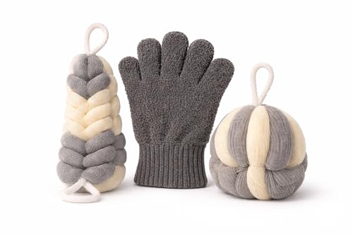Ja'Kdrs Loofah and Exfoliating Glove Set, 2 Piece Bath Sponge Set (Gray & White) - color: Gray & White