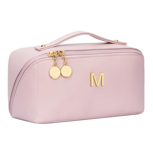 Initial Makeup Bag Gifts for Women Bridesmaid Gifts Travel Toiletry Personalized PU Leather Waterproof Cosmetic Bag (Medium-Pink-M) - color: MediumPink, style: M
