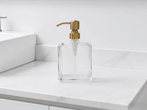 Square Clear Glass Dish Soap Dispenser Set 2 Pack, Brushed Gold Refillable Hand Soap Dispenser with Rust Proof Stainless Steel Pump 2 x 13.5 oz Lotion Dispenser for Bathroom Vanity Kitchen - color: Gold, size: 2X13.5oz-Square